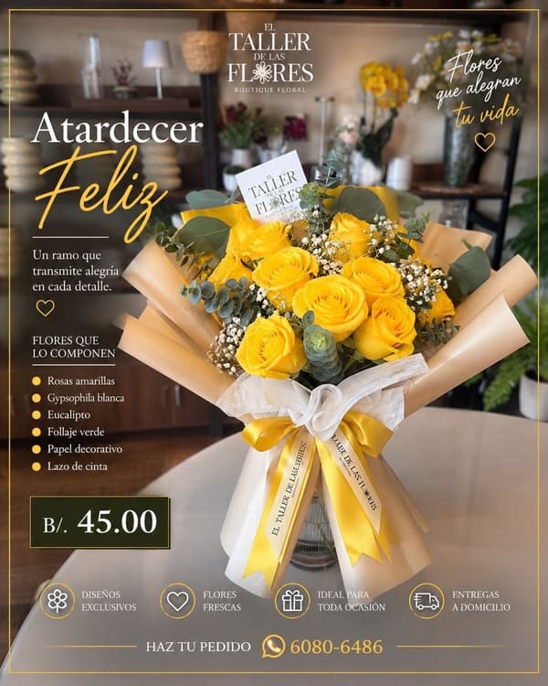 Bouquet Atardecer Feliz: rosas amarillas con gypsophila blanca y eucalipto, envueltas en papel crema con lazo de cinta amarillo.