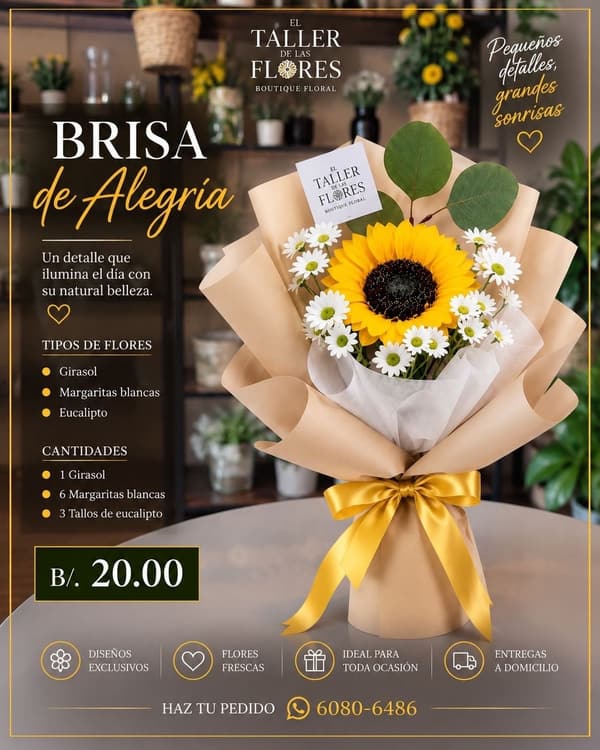 Bouquet Brisa de Alegría: un girasol rodeado de margaritas blancas y hojas de eucalipto, en papel natural con lazo de cinta.