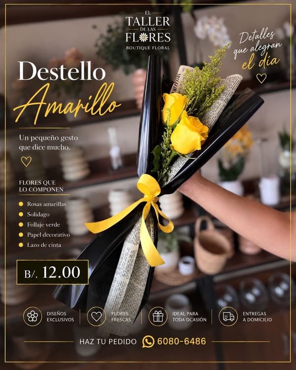 Bouquet Destello Amarillo: rosas amarillas con solidago y follaje verde, envueltas en papel decorativo con lazo de cinta amarillo.