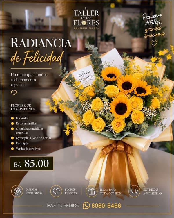 Bouquet Radiancia de Felicidad: girasoles y rosas amarillas con orquídeas oncidium, gypsophila y eucalipto, en papel coreano crema.