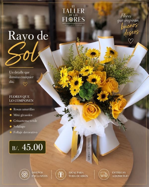 Bouquet Rayo de Sol: rosas amarillas y mini girasoles con crisantemo verde y solidago, envueltos en papel blanco.