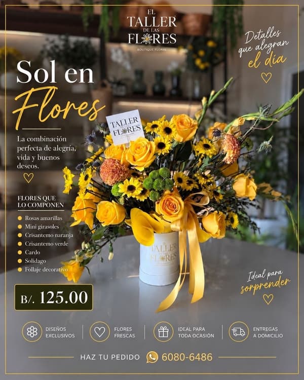 Arreglo Sol en Flores: rosas amarillas, mini girasoles, crisantemos y cardo montados en una base cilíndrica blanca.